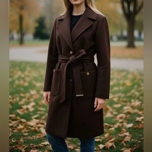 NWT Marc New York Women’s Brown Single Breasted Belted Coat Gold Tone Buttons